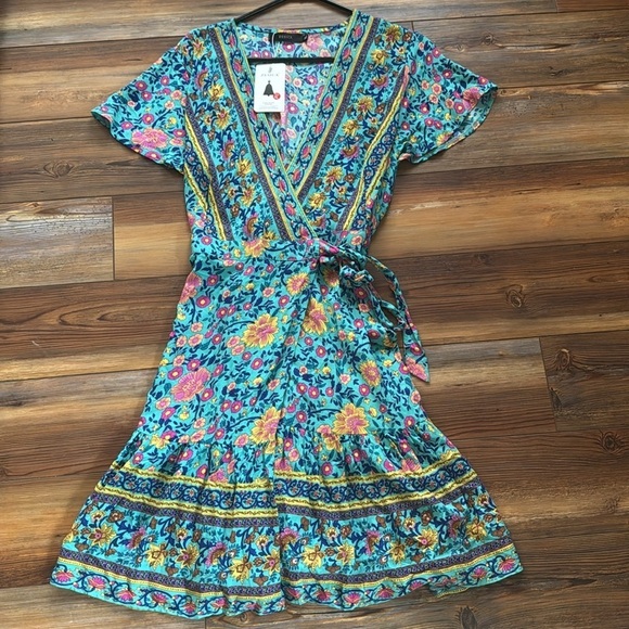 Summer Wrap V Neck Dresses Bohemian Floral Print Ruffle Swing XL - Picture 11 of 14